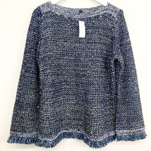 Ann Taylor Navy Blue Metallic Silver Sequin Boat Neck Fringed Knit Sweater - Picture 8 of 16